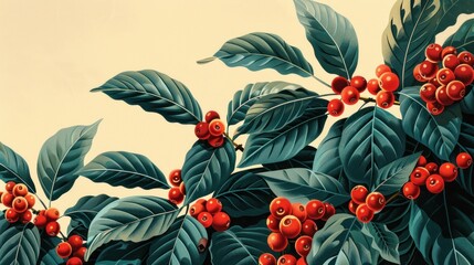 Coffee plant with ripe berries and leaves.