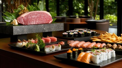 A stylish table setting showcases a variety of sushi rolls and a large steak, highlighting a luxurious dining atmosphere at dinner time