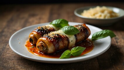 Involtini di Melanzane with basil and cheese garnish.