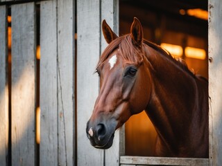 Brown horse head visible from wooden stables.