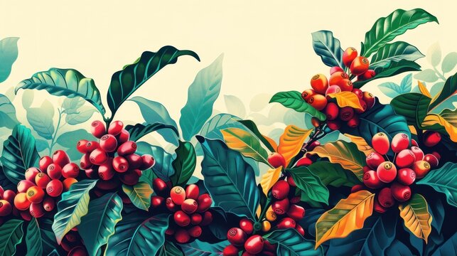 Vibrant coffee plants with ripe berries and lush leaves.