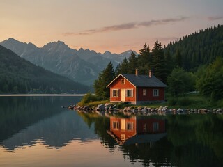 Fototapeta premium Isolated house by a mountain lake at sunset.