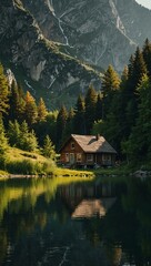 Fototapeta premium Isolated house by a mountain lake.