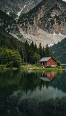 Fototapeta premium Isolated house by a mountain lake.