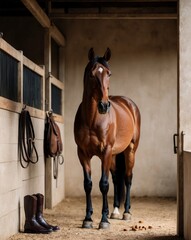 Brown horse in stable with horse care attributes.