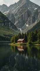 Fototapeta premium Isolated house by a mountain lake.