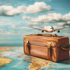 Travel preparation vintage luggage on world map airplane in sky travel content adventure environment elevated viewpoint ai generate insights