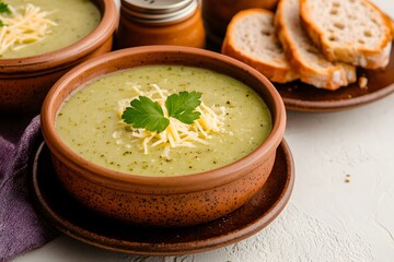 Two brown ceramic bowls filled with creamy green soup, garnished with fresh herbs, set on a rustic wooden table, creating a cozy and appetising dining scene