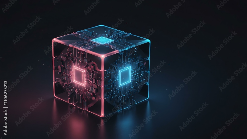 Poster isometric 3d illustration of a cube with lights creating a futuristic aesthetic.