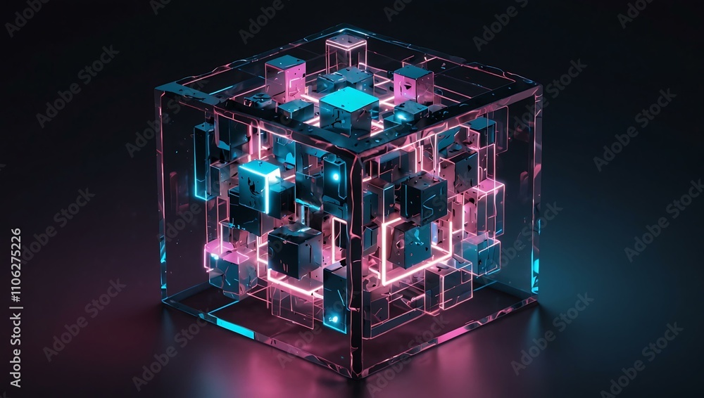 Poster isometric 3d illustration of a cube with lights creating a futuristic aesthetic.