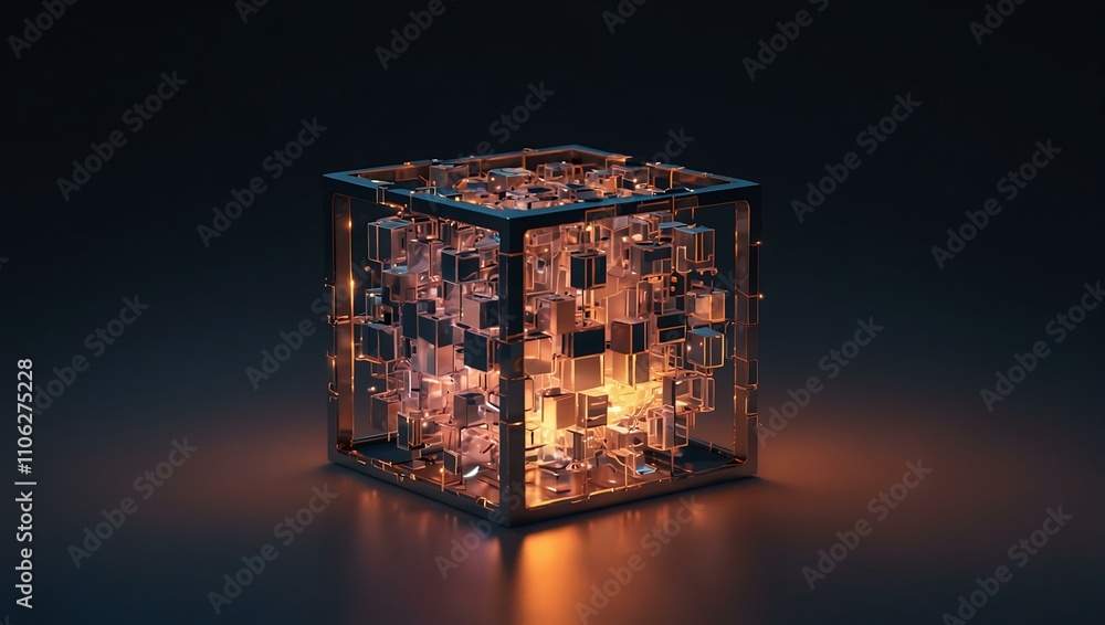 Poster isometric 3d illustration of a cube with lights creating a futuristic aesthetic.
