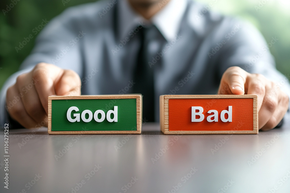 Poster business decision-making analysis office image indoor close-up view balancing good vs. bad choices w