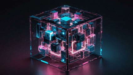 Isometric 3D illustration of a cube with lights creating a futuristic aesthetic.