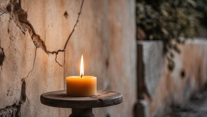 Candlelight illuminating stone wall in rustic setting with warm glow.