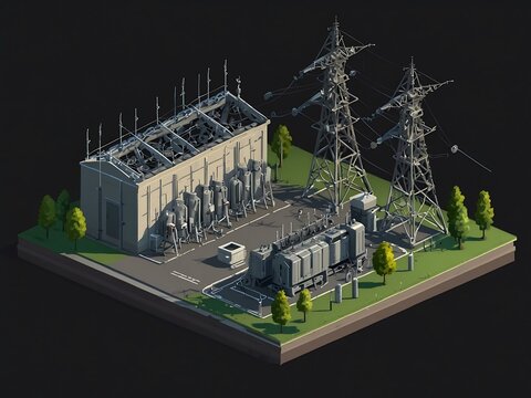 Isometric illustration of an electrical substation.