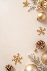 Festive gold Christmas vertical decorations including baubles and a snowflake on a neutral beige surface creating a sophisticated holiday atmosphere
