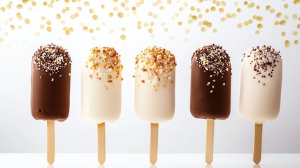 A variety of delicious ice cream bars coated with chocolate and sprinkles, set against a festive background. Perfect for a refreshing treat or summer celebration.