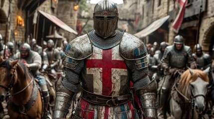 Medieval knight in full armor leading soldiers on horseback.