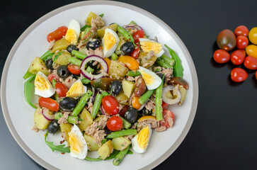 Salad Nicoise -Tuna, with green beans, cherry tomatoes, eggs, cooked potatoes, black olives, anchovies, and a vinaigrette mustard dressing