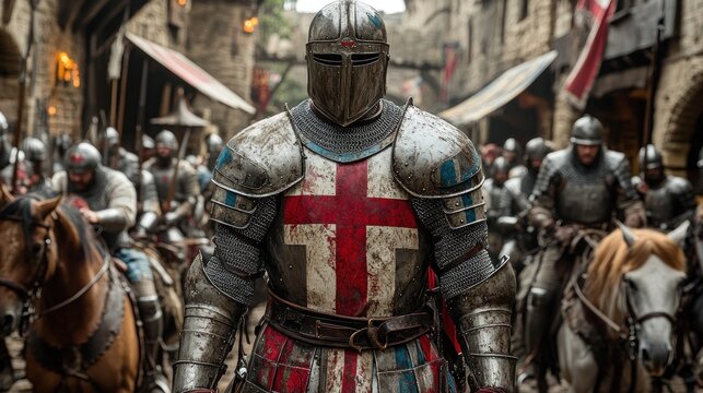 Medieval knight in full armor leading soldiers on horseback.