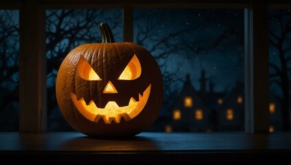 Obraz premium Jack-o-lantern glowing in the dark window for Halloween.