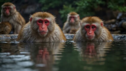 Naklejka premium Japanese macaques soaking in an onsen.