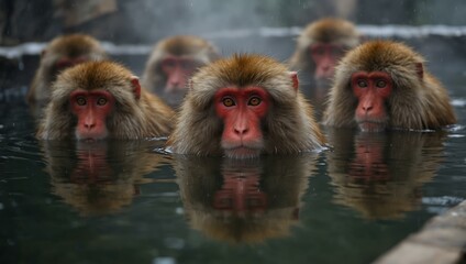 Fototapeta premium Japanese macaques soaking in an onsen.