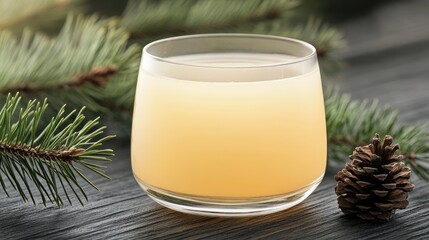 A clear glass mug filled with a yellowish-green drink sits amidst pine branches and cones on dark wood, evoking a cozy winter atmosphere