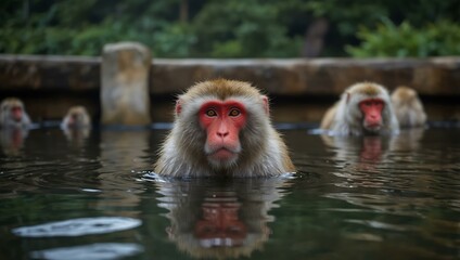 Naklejka premium Japanese macaques soaking in an onsen.
