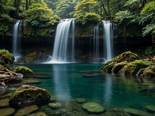 Fototapeta premium Japanese waterfall with clear water in a serene forest.