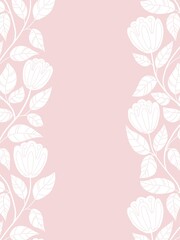 Illustration, card with white vertical seamless monochrome hand drawn minimalistic floral design on sides perfect for greeting cards, invitations, notebooks, stationery, backdrop