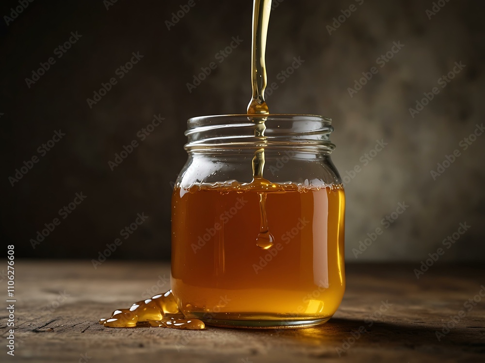 Poster jar of honey with a drop dripping from it.