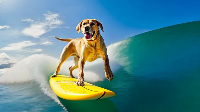 A surfer dog on a surfboard floats through a ocean wave tunnel. Start surf season concept.