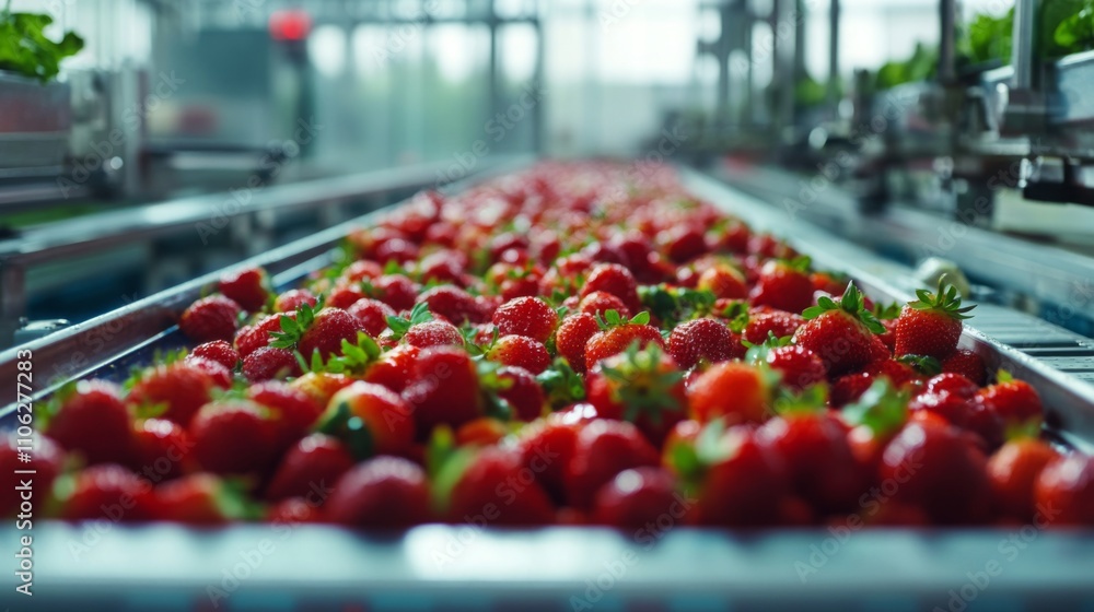Leinwandbilder bright red strawberries are being sorted and prepared for juice production in a high-tech processing