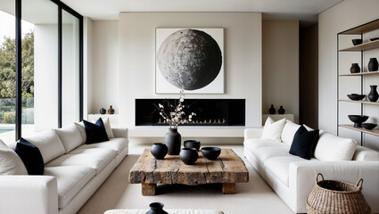 Minimalist interior design of modern living room. Rustic barn wood coffee table near corner sofa against wall with fireplace, frame and shelf.