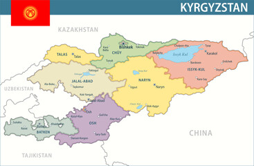 Obraz premium Kyrgyzstan Map Vector New 2024 Colorful - Customizable layered political map of Kyrgyzstan with administrative divisions for website, education, reports, news, politics, print, poster and wallpaper