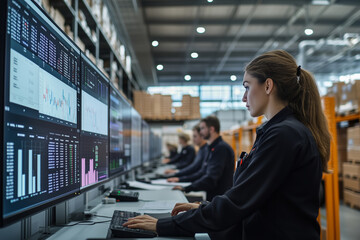 Collaboration among diverse warehouse staff analyzing data in modern facility