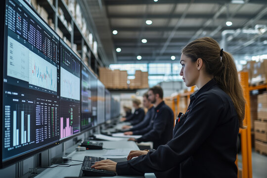 Collaboration among diverse warehouse staff analyzing data in modern facility