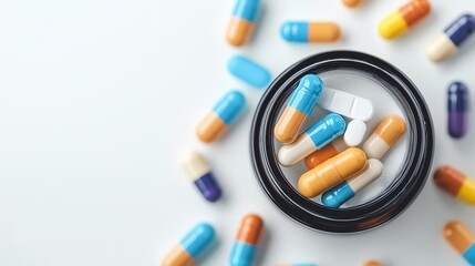 A vivid close-up of colorful capsules and tablets scattered around a lens cap, showcasing various shapes and colors in a well-lit environment, representing medication and health.