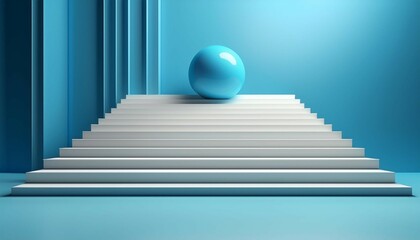 Obraz premium white stairs and blue ball with blue background 3d scene 3d render generate ai