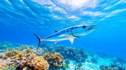 Fototapeta premium The clear ocean water is home to gracefully swimming Blue Fin Tuna, whose vibrant hues reveal the stunning beauty of marine life and underwater ecosystems.