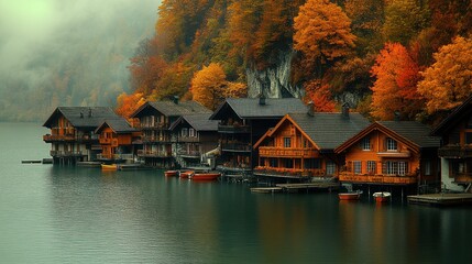 Fototapeta premium Misty autumn lake with wooden houses.