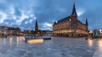 Fototapeta premium the town hall stands proudly under a summer morning sky, casting reflections on the wet cobblestones