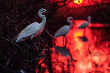 Fototapeta premium Egrets on a riverbank, with a red sunset reflecting off the water and silhouetting trees.