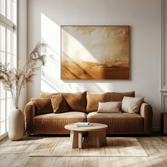 Modern minimalist living room with a brown sofa, wooden accents, large abstract art, and natural light for warmth and elegance.