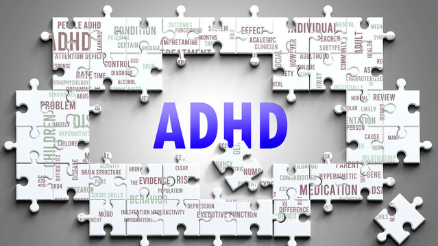 Adhd as a complex subject, related to important topics. Pictured as a puzzle and a word cloud made of most important ideas and phrases related to adhd. ,3d illustration