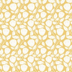 Seamless monochrome minimalistic floral pattern with white flowers and leaves on the yellow background. Perfect for textile, fabric, backdrop, wall hanging, wrapping, design paper, home decoration