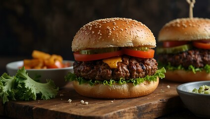 Juicy burgers with fresh vegetables and crispy buns.