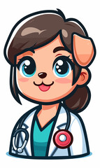 Cute cartoon veterinarian girl with a dog ear smiling in a lab coat on a light background with copy space