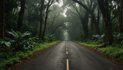 Obraz premium Jungle road with trees on both sides.